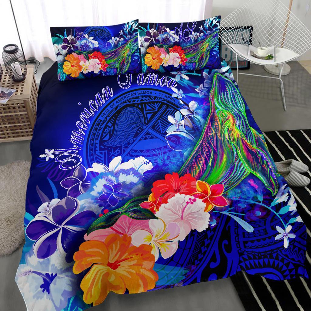 American Samoa Polynesian Bedding Set - Humpback Whale with Tropical Flowers (Blue) - Polynesian Pride