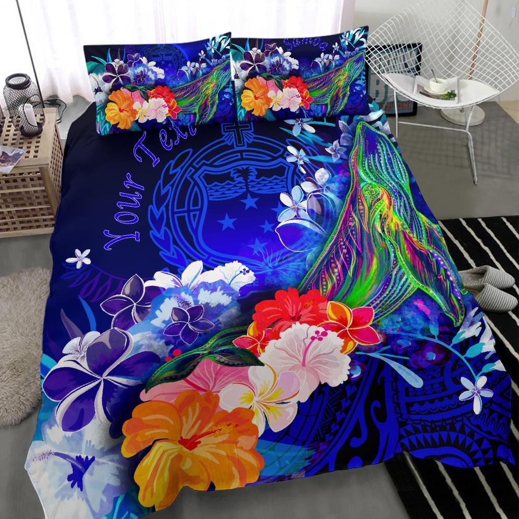 Custom Personalised Samoa Bedding Set - Humpback Whale with Tropical Flowers (Blue) - Polynesian Pride