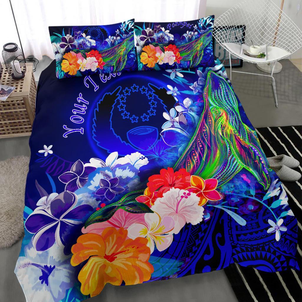 Pohnpei Custom Personalised Bedding Set - Humpback Whale with Tropical Flowers (Blue) - Polynesian Pride