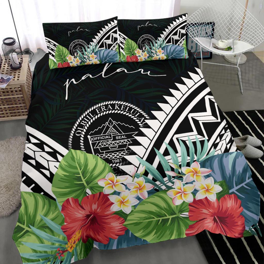 Palau Bedding Set - Palau Coat of Arms & Polynesian Tropical Flowers White - Polynesian Pride