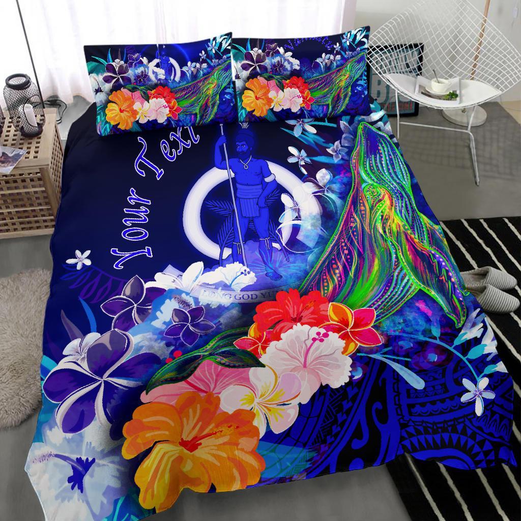 Vanuatu Custom Personalised Bedding Set - Humpback Whale with Tropical Flowers (Blue) - Polynesian Pride