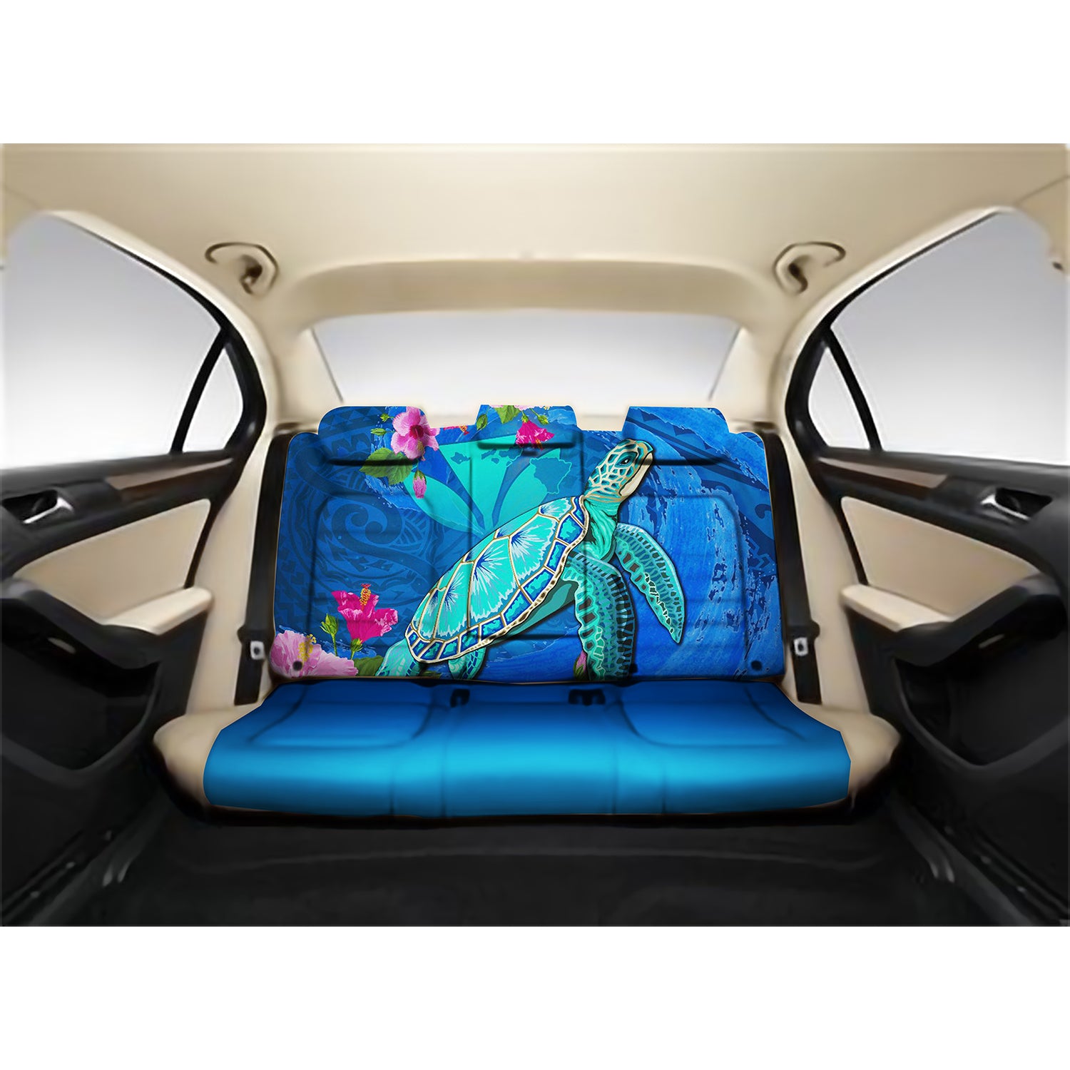 Hawaii Honu Aumakua Sea Hibiscus Back Seat Covers - Nin Style RLT7 One Size Blue Back Car Seat Covers - Polynesian Pride