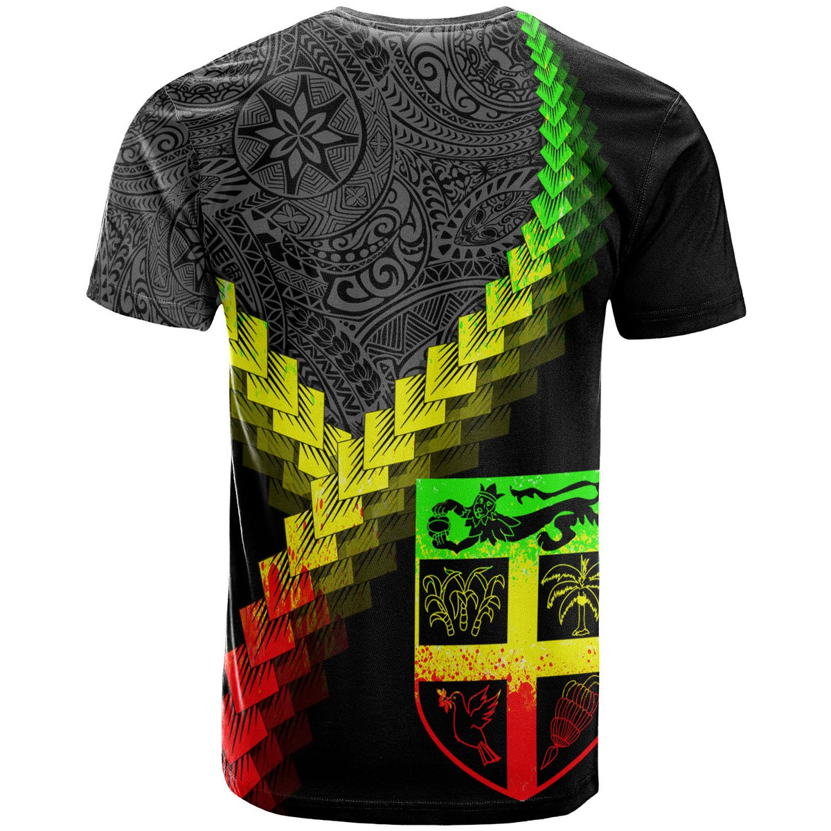 Fiji T Shirt Fijian Coat of Arms With Polynesian Tattoo Reggae - Polynesian Pride