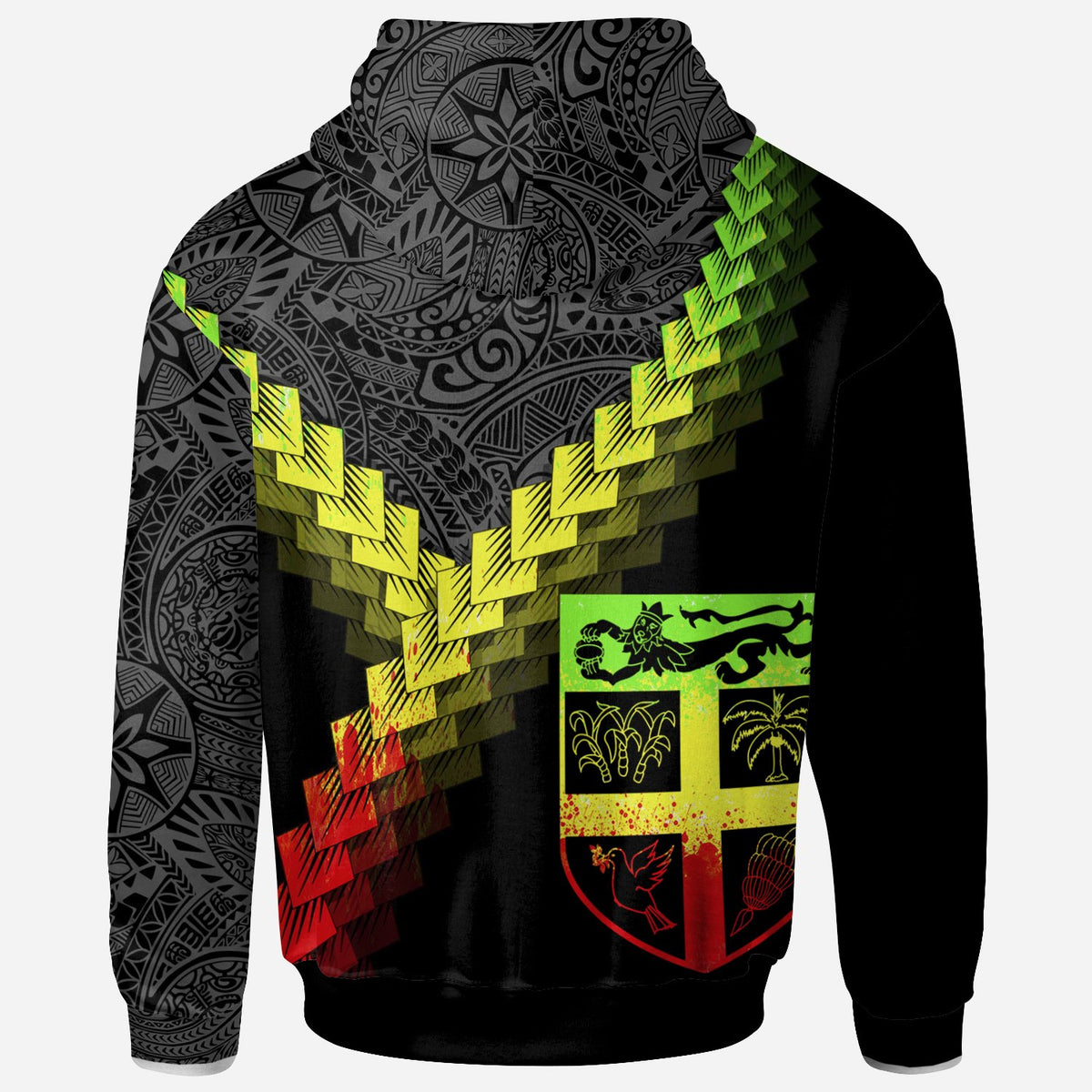 Fiji Zip up Hoodie Fiji Coat of Arms With Polynesian Tattoo Reggae - Polynesian Pride