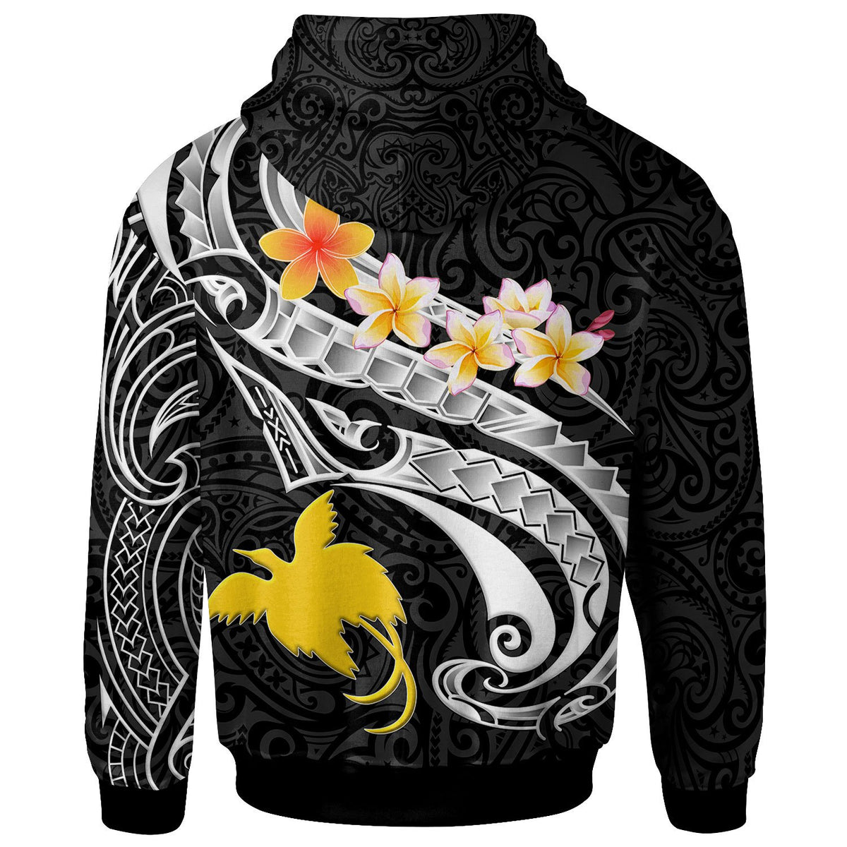 Papua New Guinea Zip up Hoodie PNG Seal Polynesian Patterns Plumeria (Black) - Polynesian Pride