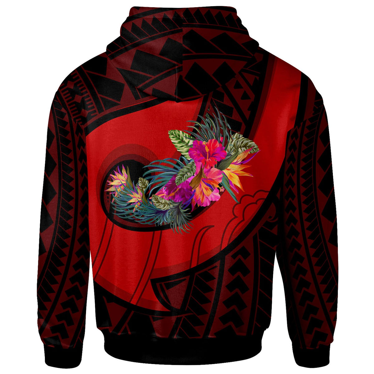 Tahiti Zip up Hoodie Polynesian Hook and Hibiscus (Red) - Polynesian Pride
