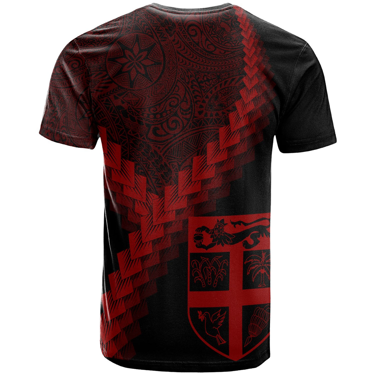 Fiji T Shirt Fijian Coat of Arms With Polynesian Tattoo Red - Polynesian Pride