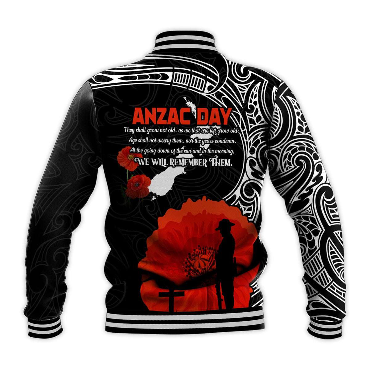 New Zealand Anzac 2022 Baseball Jacket Maori Mix Fern Poppy LT13 - Polynesian Pride