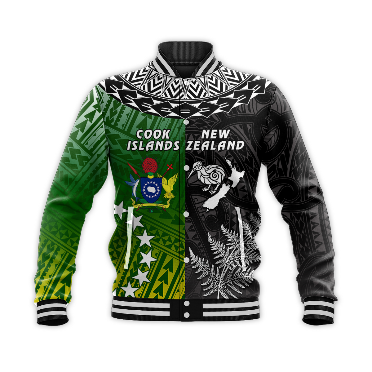 (Custom Personalised) Cook Islands Pattern and New Zealand Kiwi Baseball Jacket LT13 - Polynesian Pride