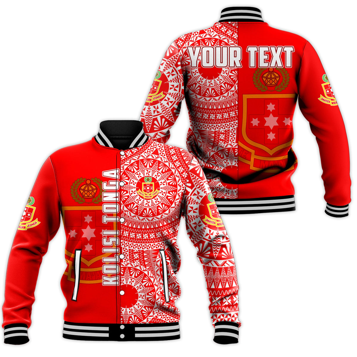 (Custom Personalised) Kolisi Tonga High School Baseball Jacket Tongan Ngatu Pattern LT14 Unisex Red - Polynesian Pride