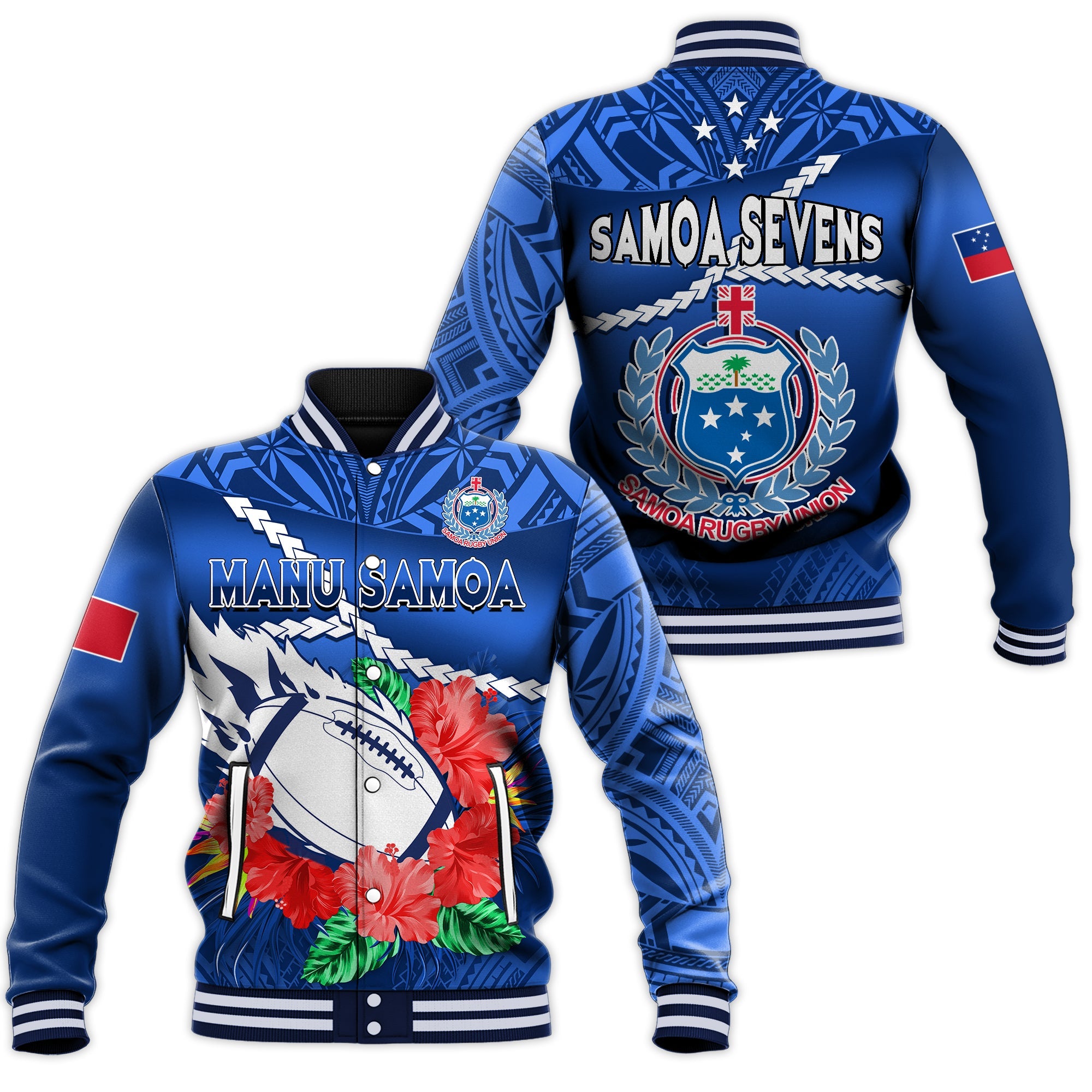 Samoa Rugby Baseball Jacket Manu Samoa Polynesian Hibiscus Blue Style LT14 Unisex Blue - Polynesian Pride