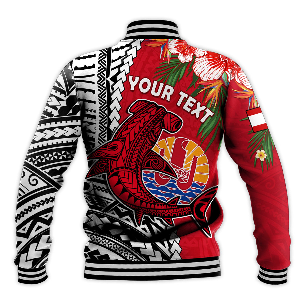 (Custom Personalised) Tahiti Islands Baseball Jacket Polynesian Shark Mix Tropical Flowers LT14 - Polynesian Pride