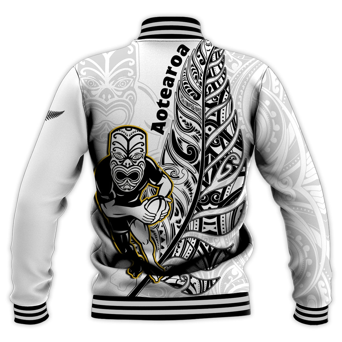 New Zealand Silver Fern Rugby Baseball Jacket All Black Maori Version White LT14 - Polynesian Pride