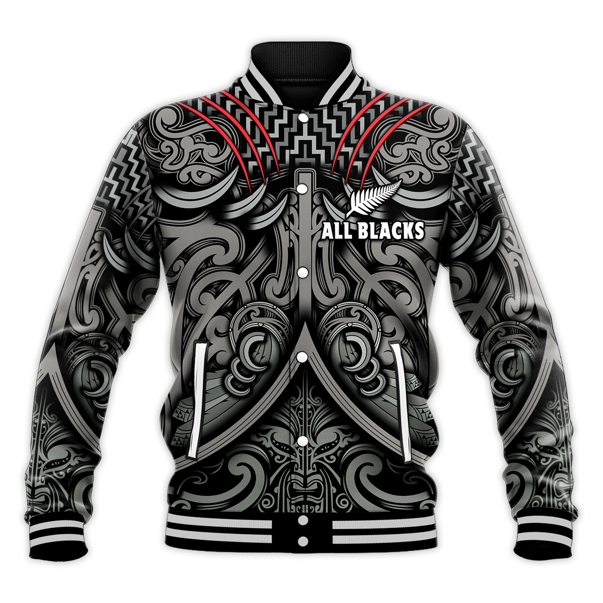 New Zealand Silver Fern Rugby Baseball Jacket All Black NZ Maori Pattern LT13 Unisex Black - Polynesian Pride