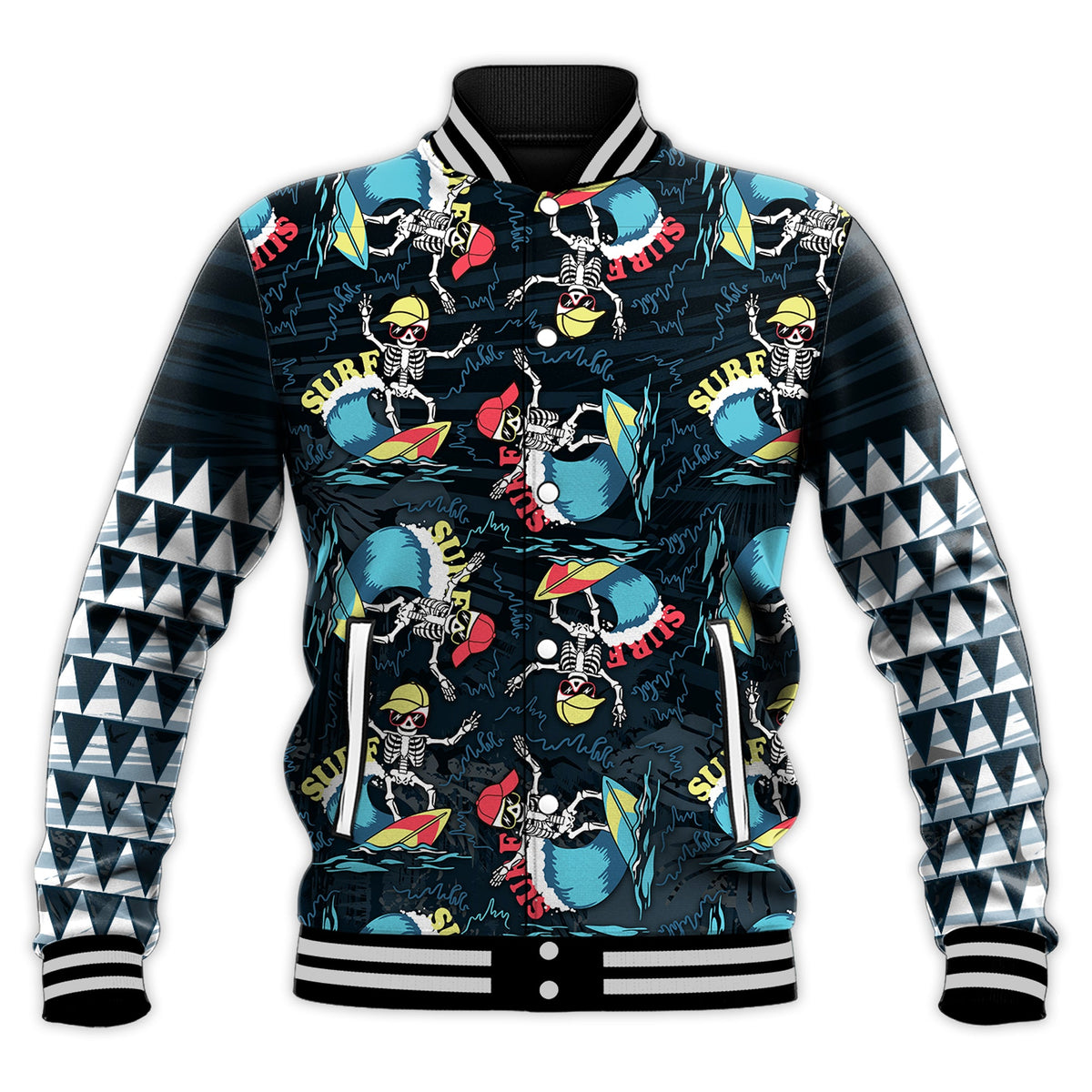 Hawaii Skeleton Surf Baseball Jacket Halloween Hawaiian Tribal LT13 Unisex Black - Polynesian Pride