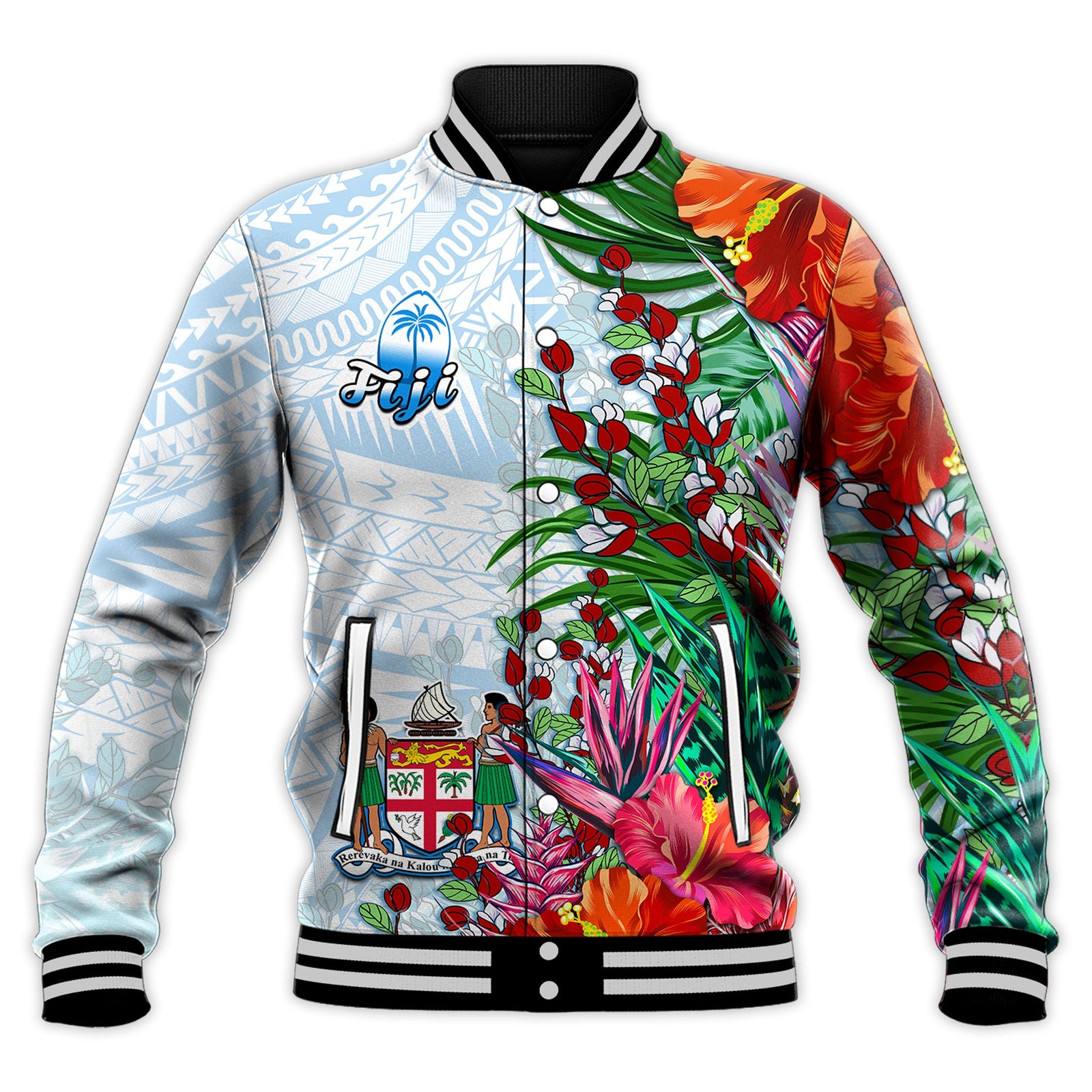 Fiji Baseball Jacket Proud Fijian Tapa mix Tagimoucia Flowers LT13 Unisex White - Polynesian Pride