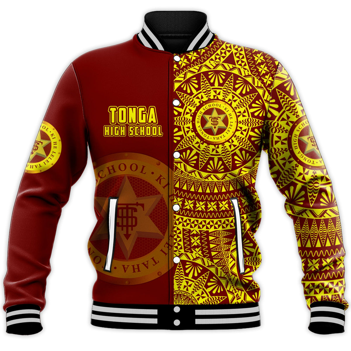 (Custom Personalised) Tonga High School Baseball Jacket Tongan Ngatu Pattern LT14 - Polynesian Pride