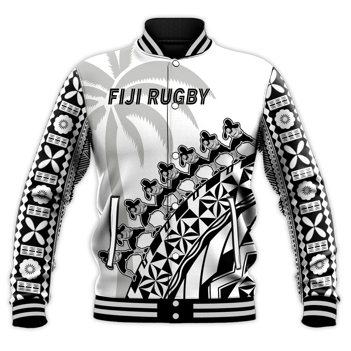 Fiji Rugby Baseball Jacket Fijian Cibi Dance Tapa Pattern White LT14 - Polynesian Pride
