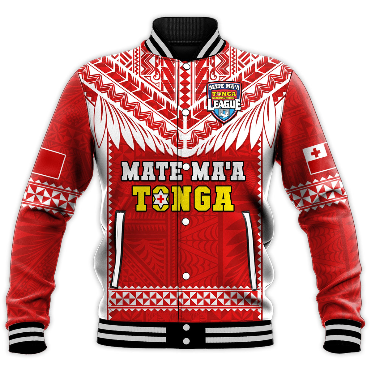 Tonga Rugby Baseball Jacket Mate Maa Tonga Pacific Ngatu White LT14 Unisex Red - Polynesian Pride