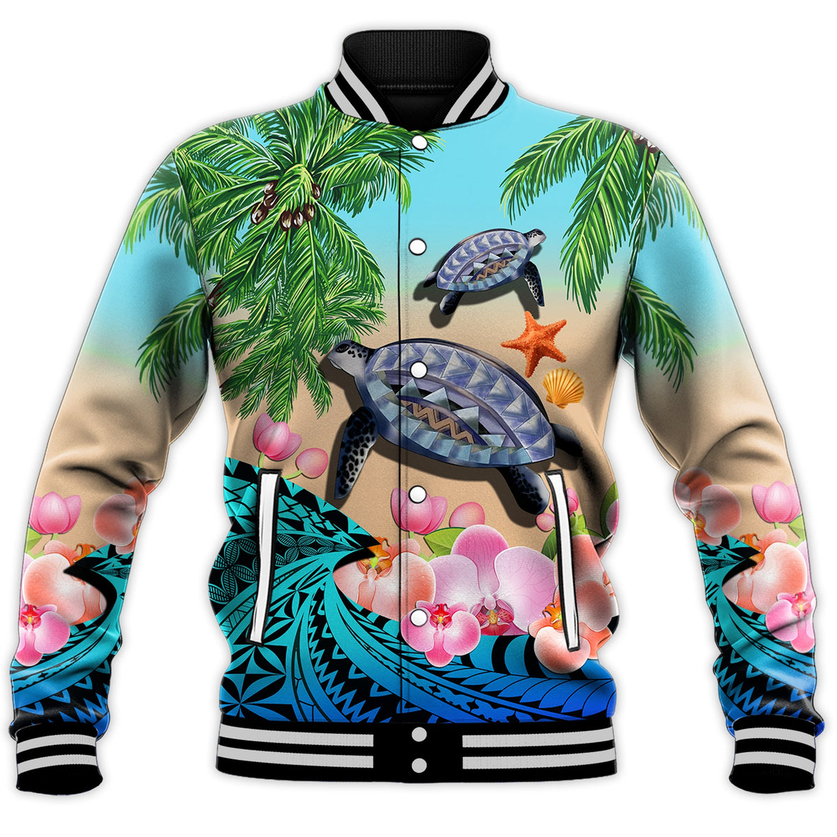 (Custom Personalised) Polynesian Turtle Coconut Tree And Orchids Baseball Jacket LT14 - Polynesian Pride
