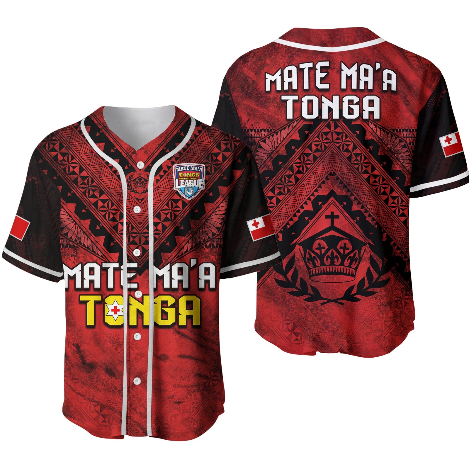 Tonga Rugby MMT Baseball Jersey Ngatu Mate Maa Tonga Grunge Ver.02 LT13 Red - Polynesian Pride