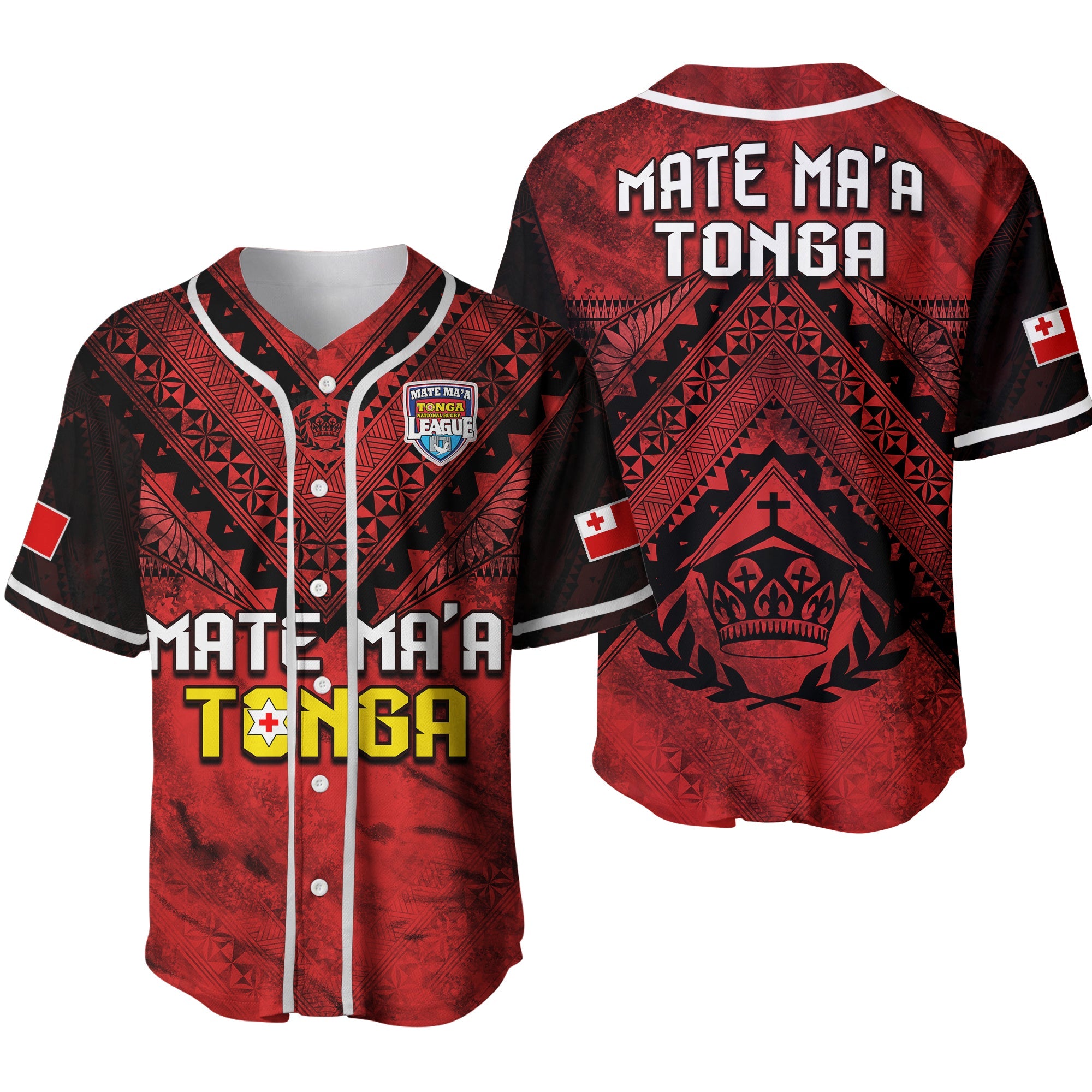Tonga Rugby MMT Baseball Jersey Ngatu Mate Maa Tonga Grunge Ver.02 LT13 Red - Polynesian Pride