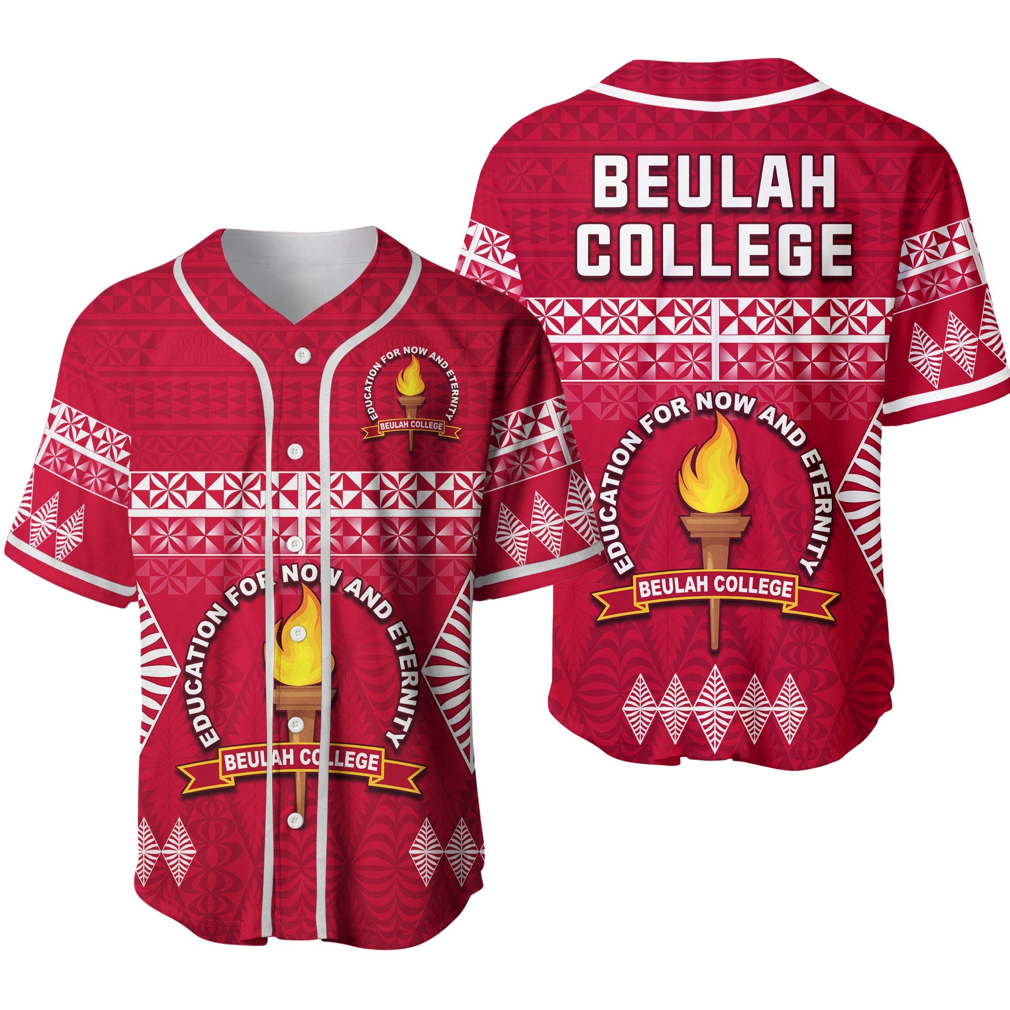 Beulah College Baseball Jersey Ngatu Pattern Tonga Ver.02 LT13 Maroon - Polynesian Pride