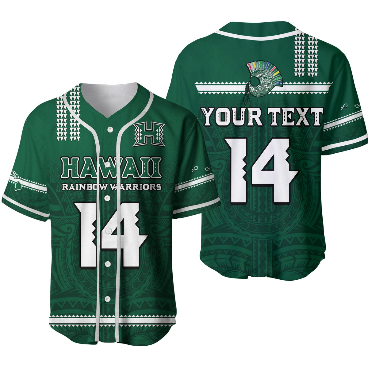 (Custom Text And Number) Hawaii Football Baseball Jersey Kakau Rainbow Warriors Helmet Go Bows Ver.02 LT14 Green - Polynesian Pride