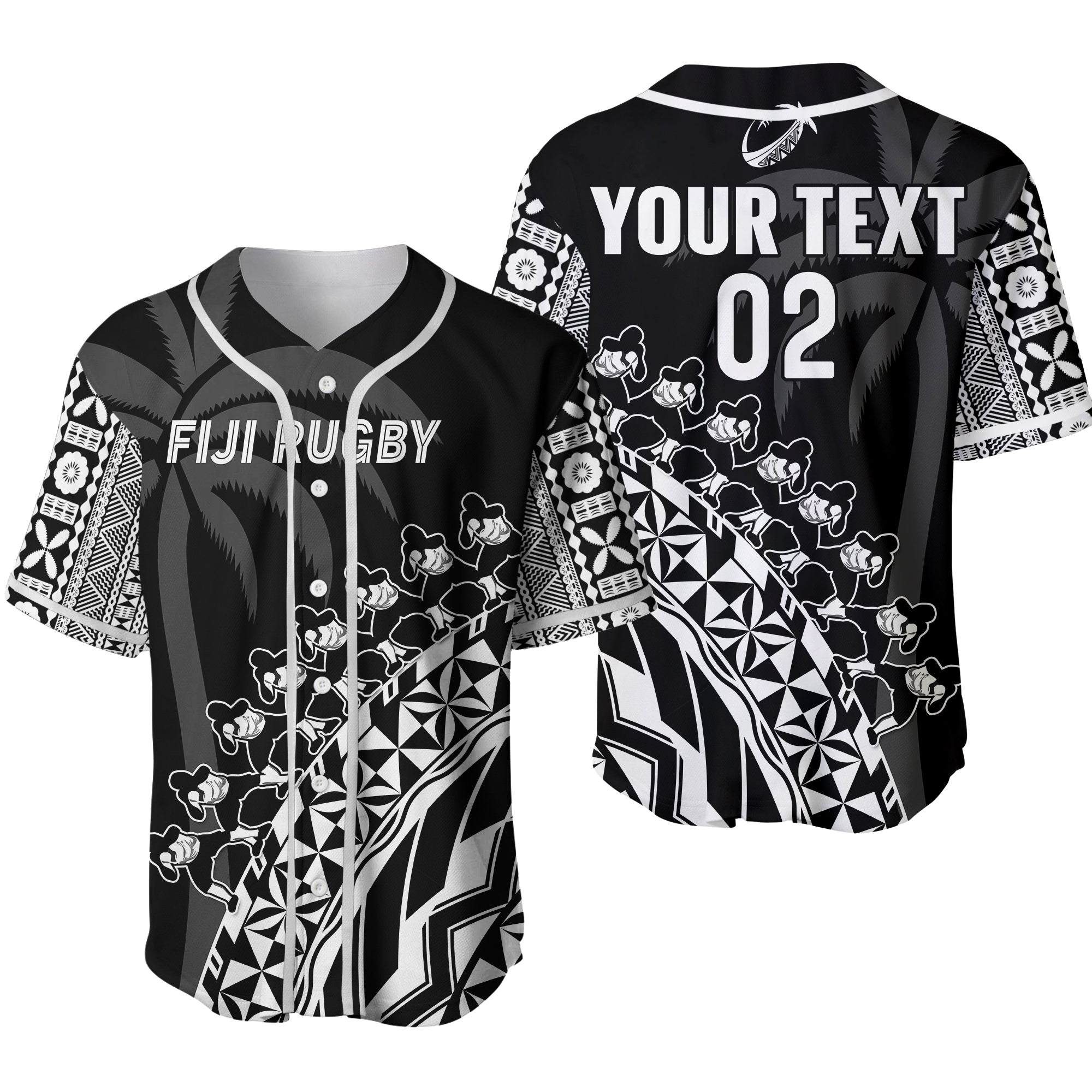 (Custom Text And Number) Fiji Rugby Baseball Jersey Fijian Cibi Dance Tapa Pattern Black 02 LT14 Black - Polynesian Pride