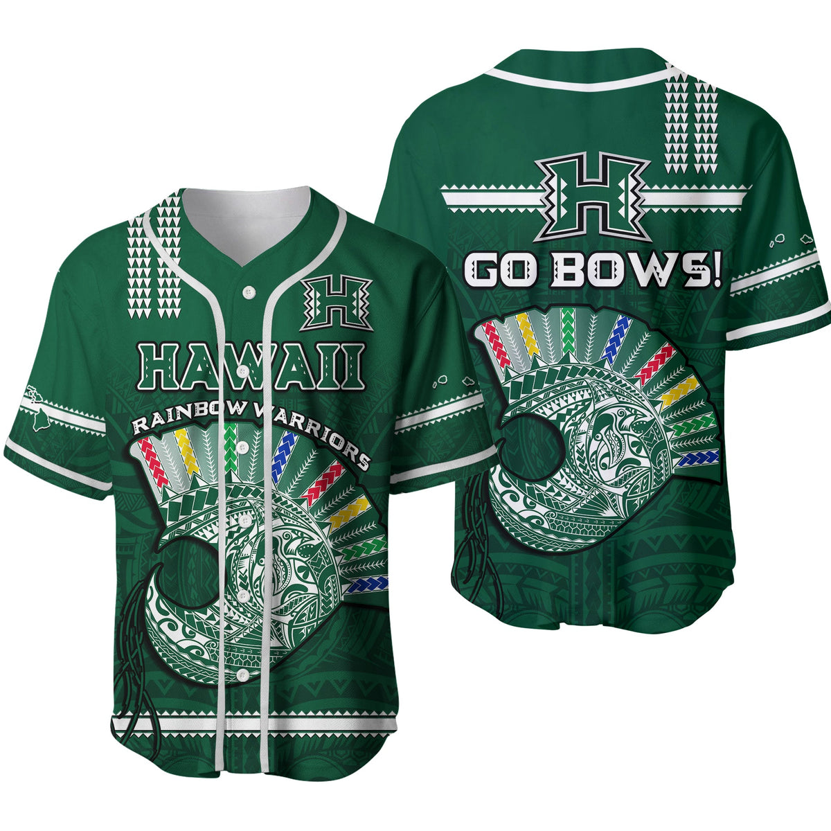 Hawaii Football Baseball Jersey Kakau Rainbow Warriors Helmet Go Bows Ver.02 LT14 Green - Polynesian Pride