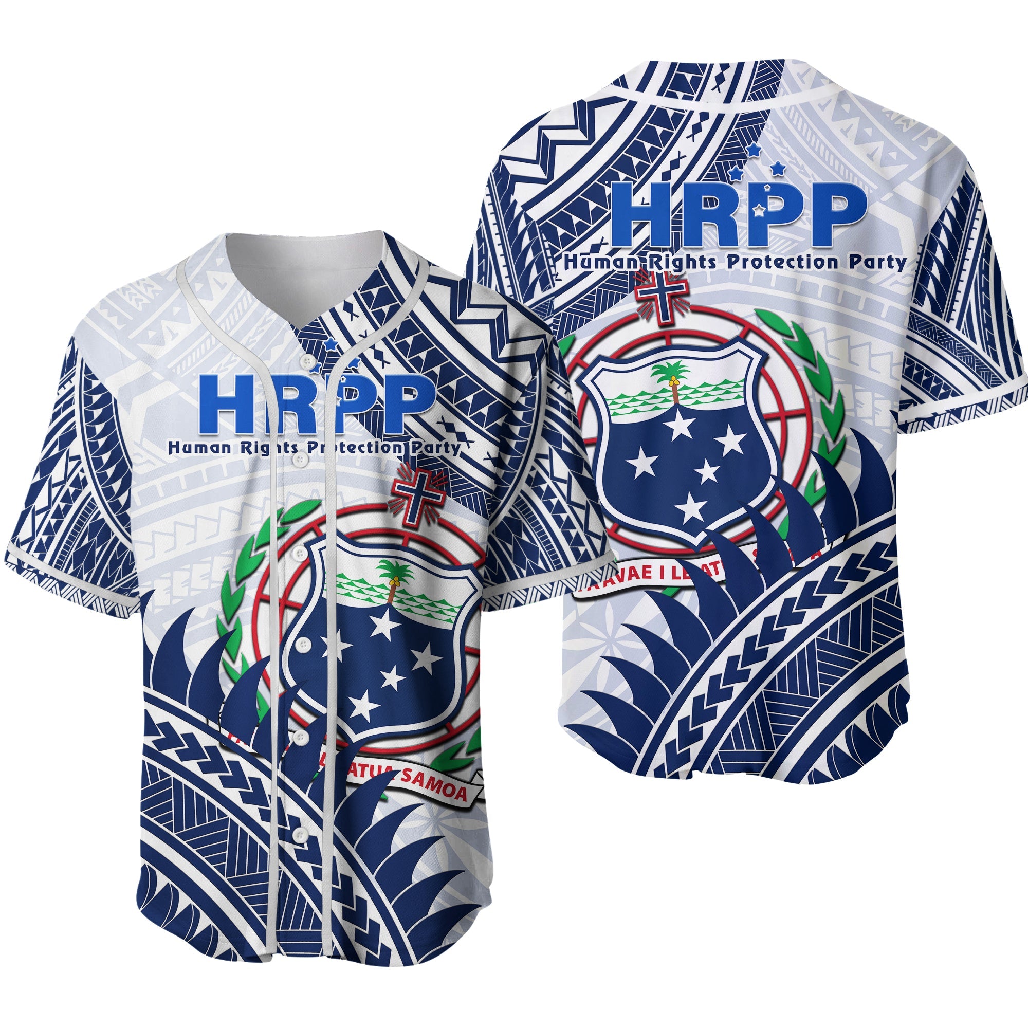 HRPP Samoa Baseball Jersey Samoan Coat Of Arms Polynesian Pattern Ver.02 LT14 White - Polynesian Pride