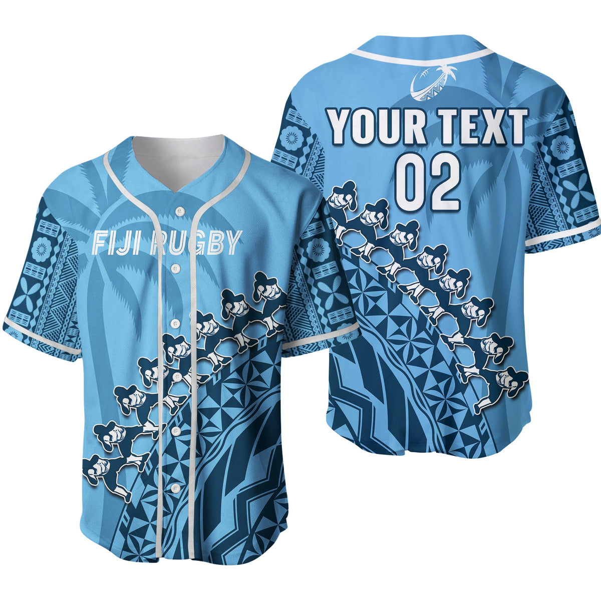 (Custom Text And Number) Fiji Tapa Rugby Baseball Jersey Fijian Cibi Dance Tapa Pattern Blue Ver.02 LT14 Blue - Polynesian Pride