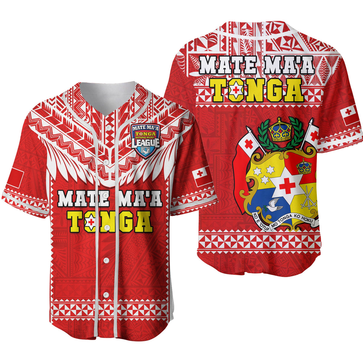 Tonga Rugby Baseball Jersey Mate Maa Tonga Pacific Ngatu White Ver.02 LT14 Red - Polynesian Pride