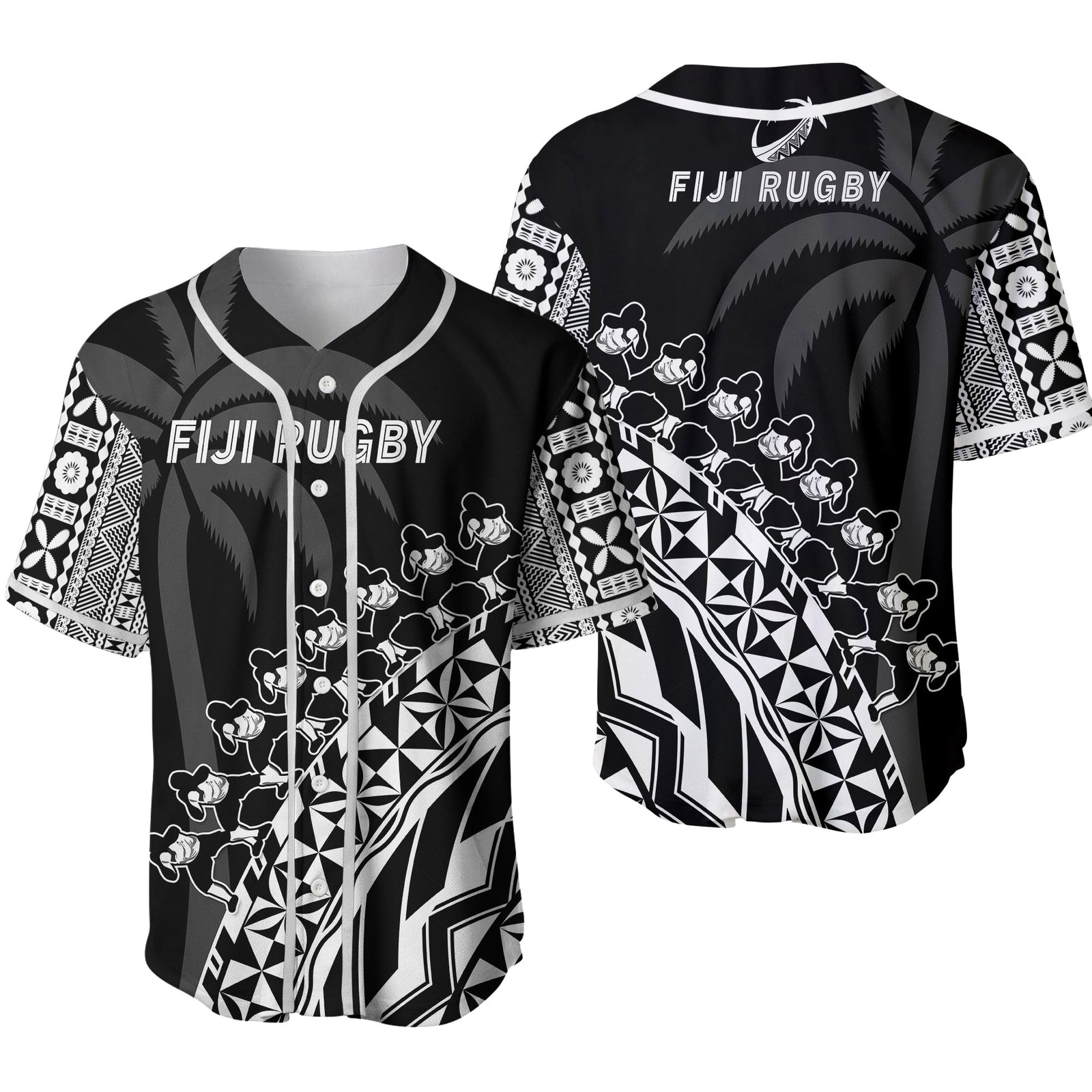 Fiji Rugby Baseball Jersey Fijian Cibi Dance Tapa Pattern Black 02 LT14 Black - Polynesian Pride