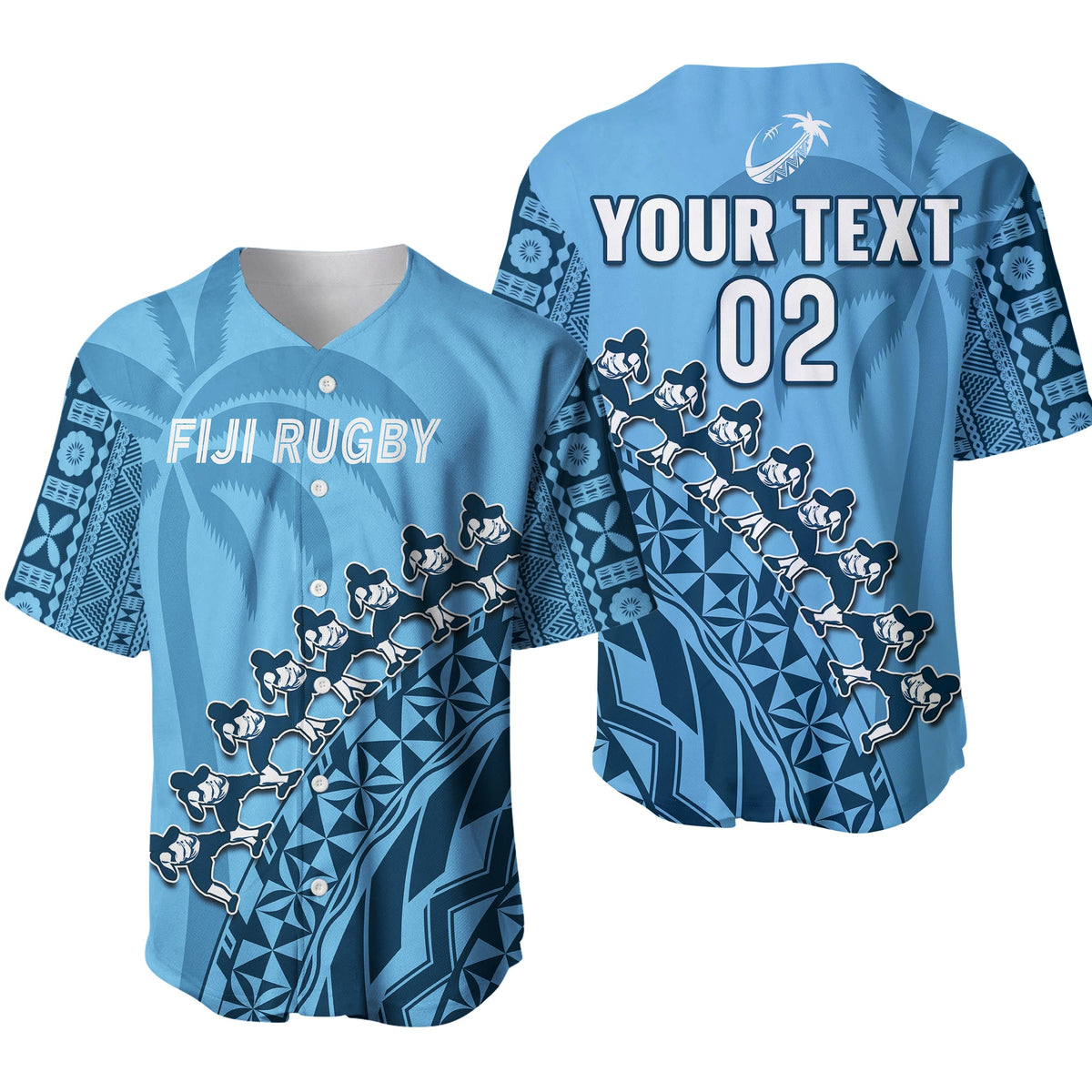 (Custom Text And Number) Fiji Tapa Rugby Baseball Jersey Fijian Cibi Dance Tapa Pattern Blue LT14 Blue - Polynesian Pride