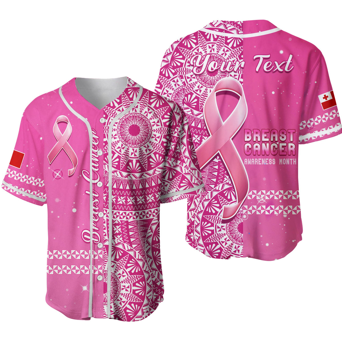 (Custom Personalised) Tonga Breast Cancer Baseball Jersey Tongan Ngatu Pattern No One Fights Alone Ver.02 LT14 Pink - Polynesian Pride