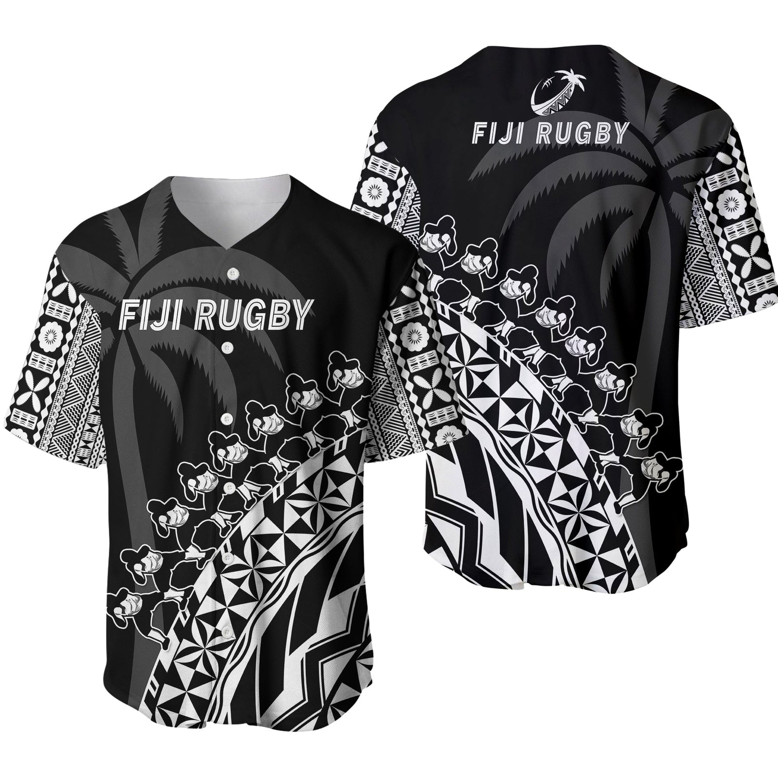 Fiji Rugby Baseball Jersey Fijian Cibi Dance Tapa Pattern Black LT14 Black - Polynesian Pride