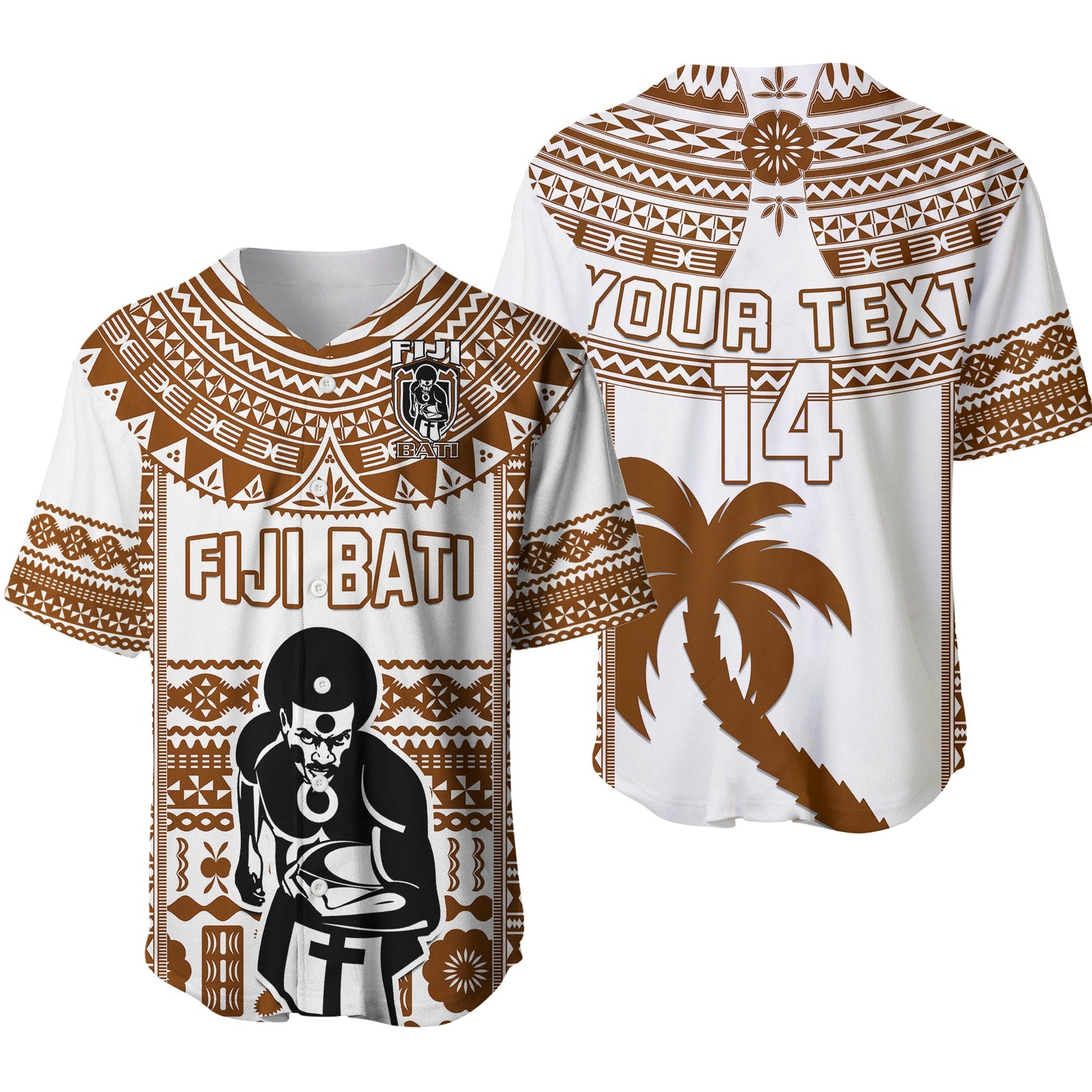Custom Text And Number Fiji Rugby Baseball Jersey Pacific The Bati Brown Fijian Tapa LT14 Brown - Polynesian Pride