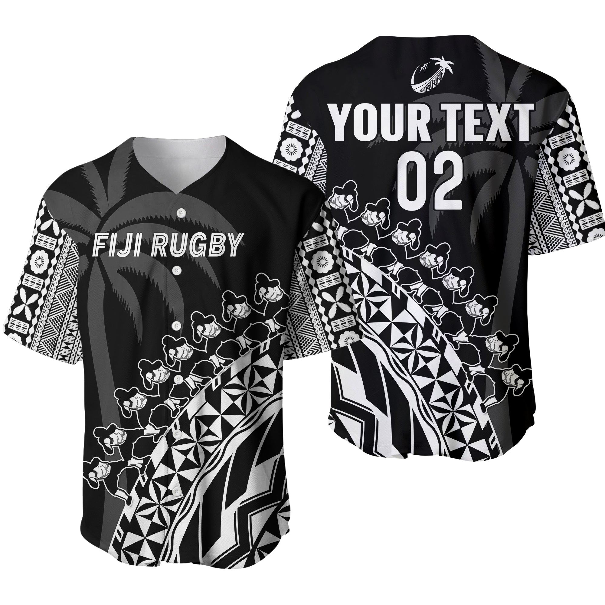 (Custom Text And Number) Fiji Rugby Baseball Jersey Fijian Cibi Dance Tapa Pattern Black LT14 Black - Polynesian Pride