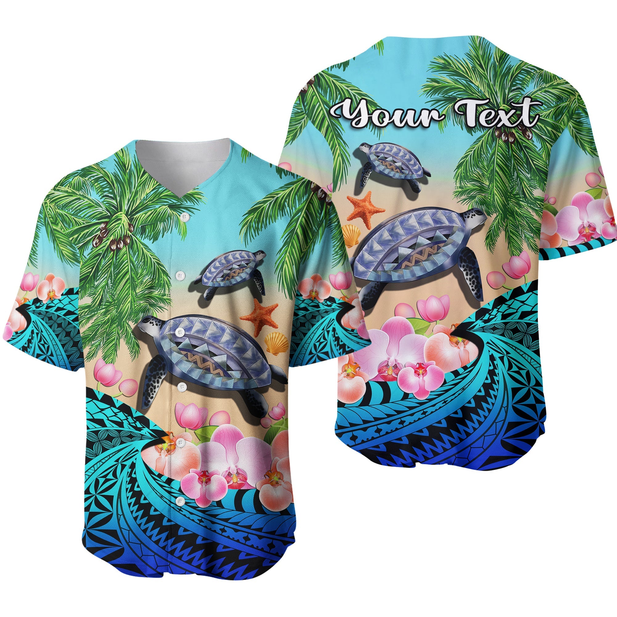 (Custom Personalised) Polynesian Turtle Coconut Tree And Orchids Baseball Jersey LT14 Blue - Polynesian Pride