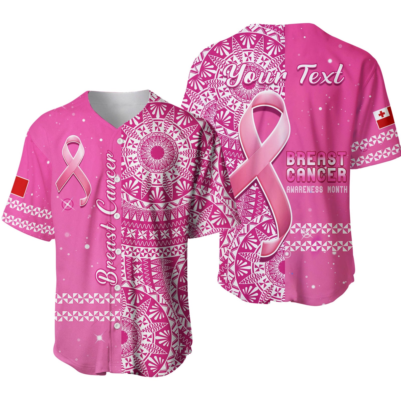 (Custom Personalised) Tonga Breast Cancer Baseball Jersey Tongan Ngatu Pattern No One Fights Alone LT14 Pink - Polynesian Pride