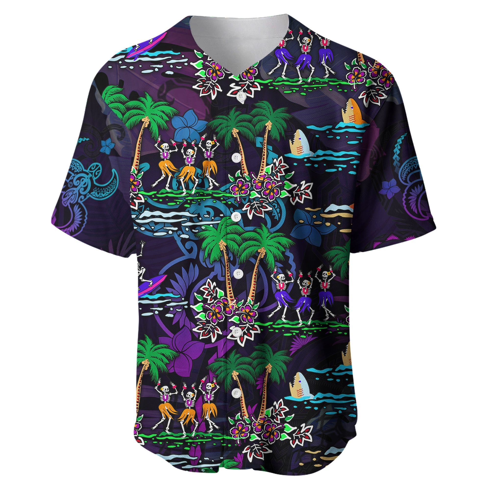 Hawaii Skeleton Dancing Baseball Jersey Halloween Hawaiian Turtle LT13 Purple - Polynesian Pride