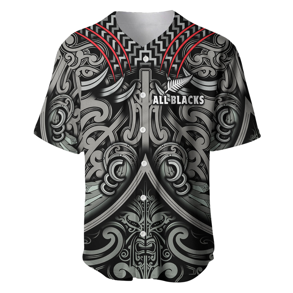 New Zealand Silver Fern Rugby Baseball Jersey All Black NZ Maori Pattern LT13 Black - Polynesian Pride