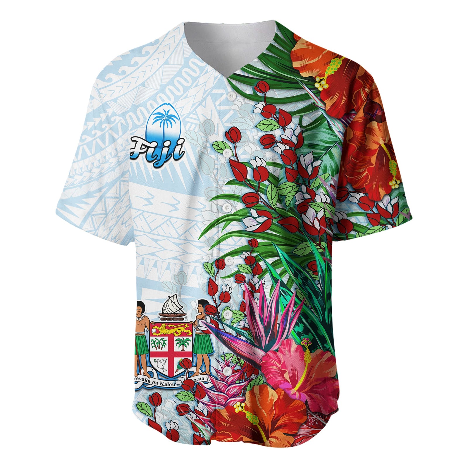 Fiji Baseball Jersey Proud Fijian Tapa mix Tagimoucia Flowers LT13 White - Polynesian Pride