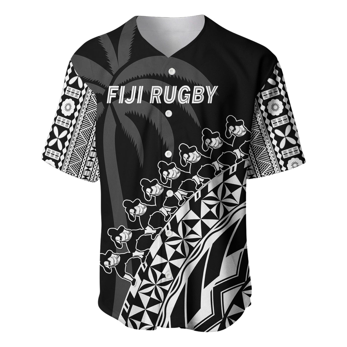 (Custom Text And Number) Fiji Rugby Baseball Jersey Fijian Cibi Dance Tapa Pattern Black LT14 - Polynesian Pride