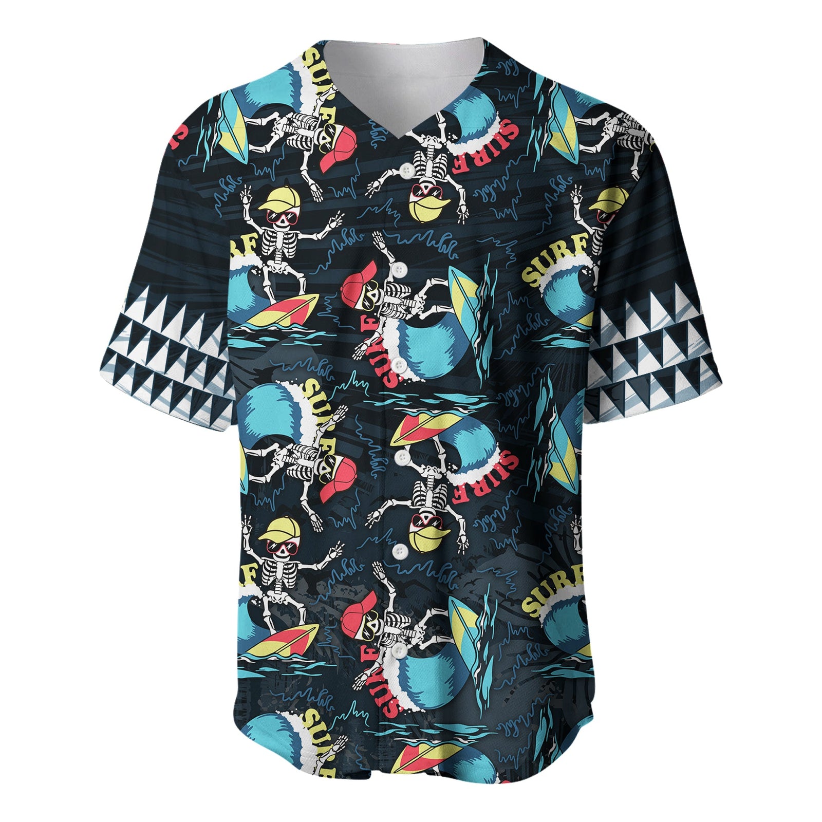 Hawaii Skeleton Surf Baseball Jersey Halloween Hawaiian Tribal LT13 Black - Polynesian Pride