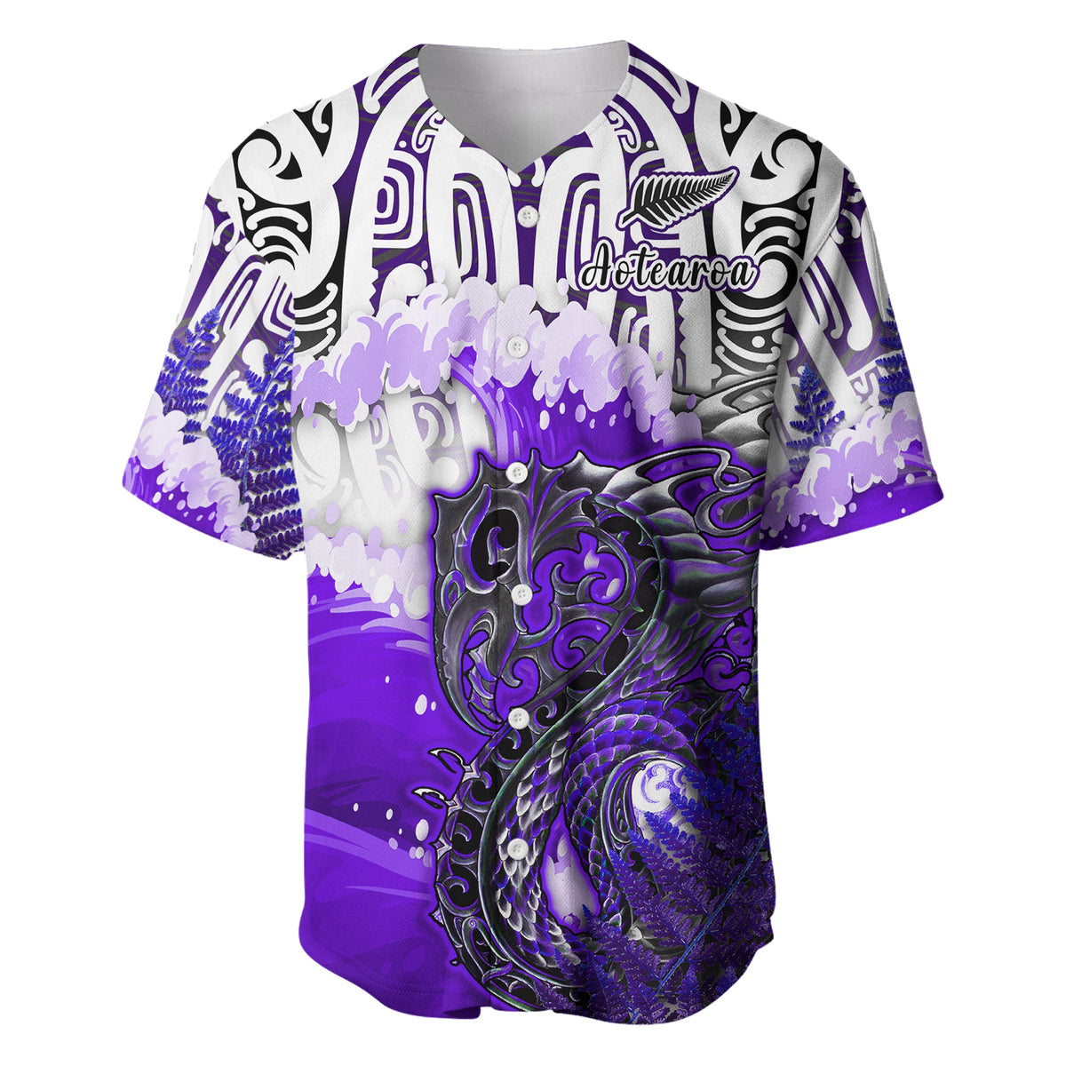 (Custom Personalised) Manaia Maori Baseball Jersey Fern Aotearoa Purple Waves LT13 Purple - Polynesian Pride