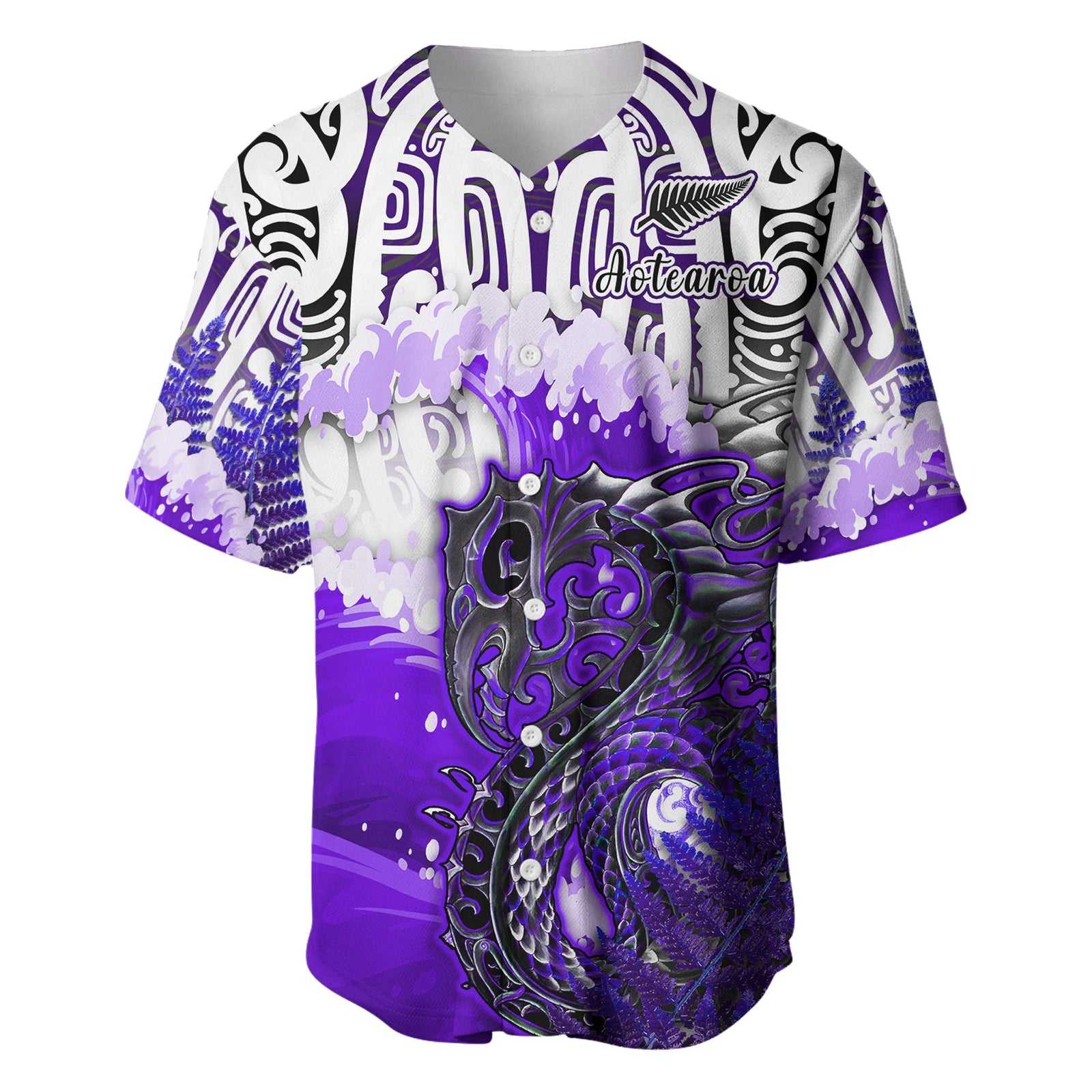 (Custom Personalised) Manaia Maori Baseball Jersey Fern Aotearoa Purple Waves LT13 Purple - Polynesian Pride