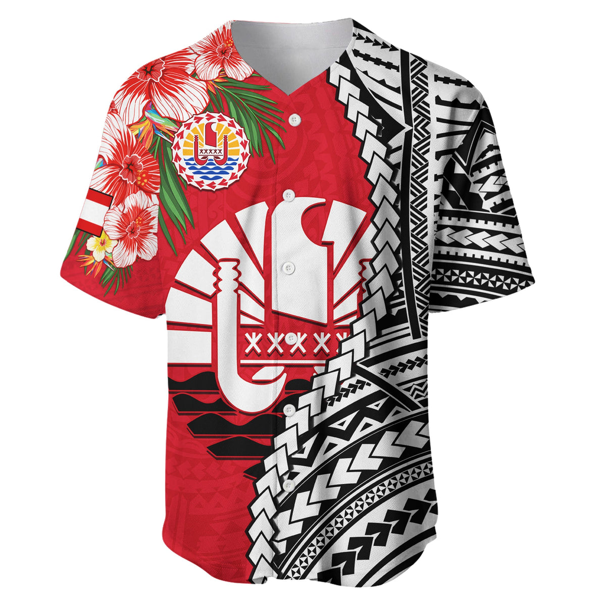 (Custom Personalised) Tahiti Islands Baseball Jersey Polynesian Shark Mix Tropical Flowers LT14 - Polynesian Pride