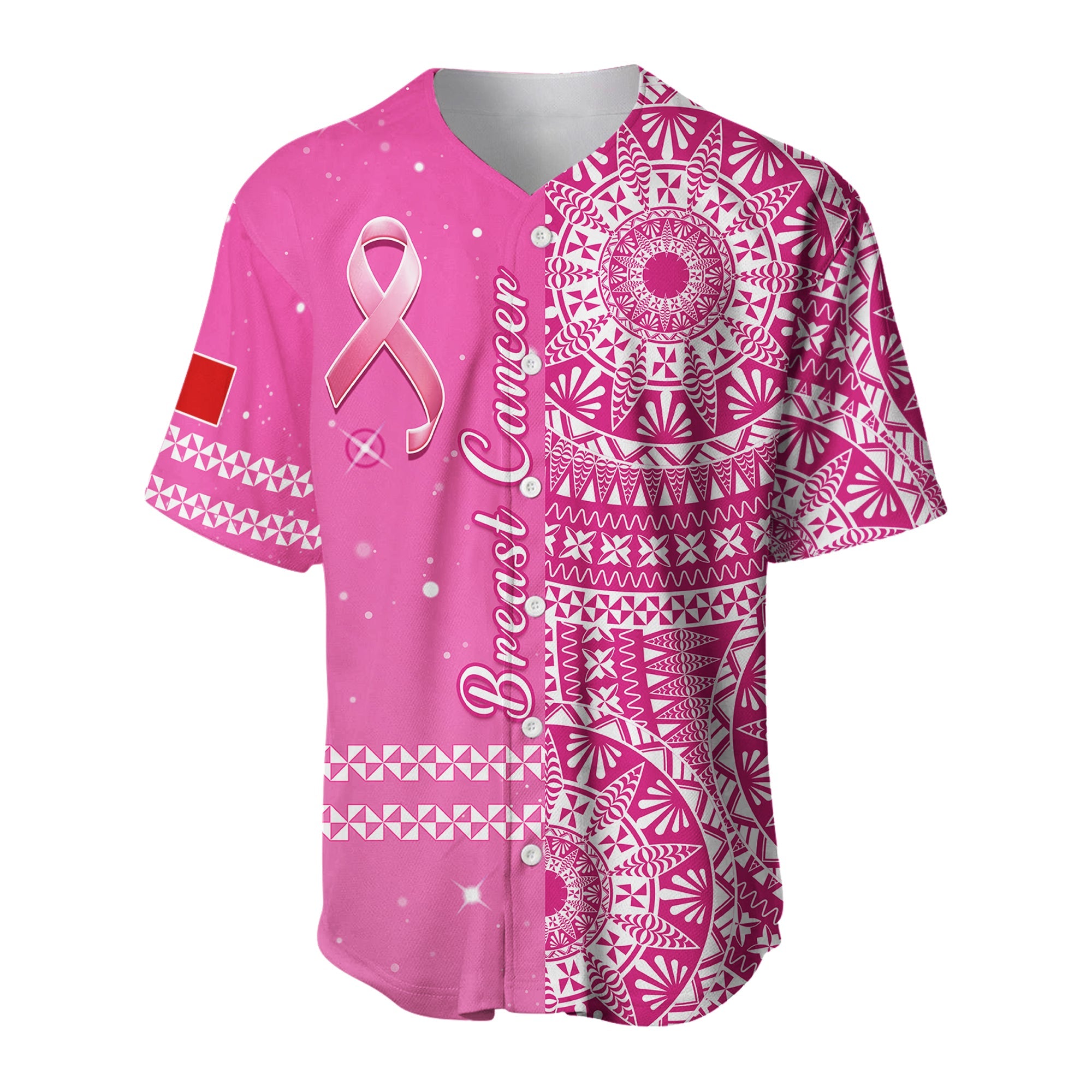Tonga Breast Cancer Baseball Jersey Tongan Ngatu Pattern No One Fights Alone LT14 Pink - Polynesian Pride